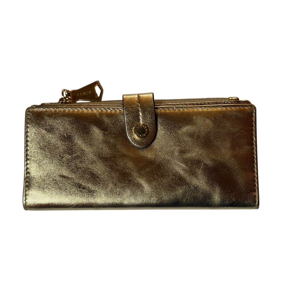 Aimee Kestenberg‎ Power Fold Leather Bifold Wallet Gold Metallic Slim Snap OS